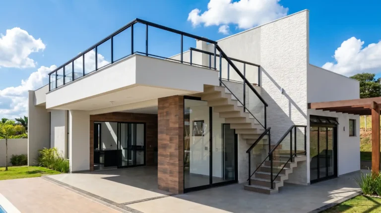 Aplicação externa com estrutura metálica e visual moderno, ideal para sacadas, escadas laterais e acessos superiores.